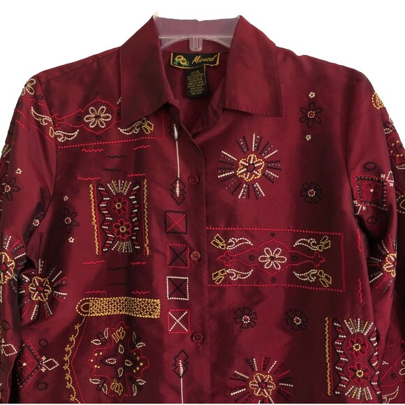 Mirasol Silk Embroidered Blouse Womens Size S VTG Burgundy Boho Embellished - Picture 2 of 16